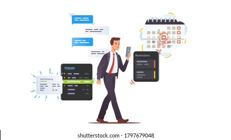 Ocupado director ejecutivo multitarea en línea. Programación de citas, planificación de la reunión del día, establecimiento del recordatorio de la fecha límite del mes telefónico. Empresario de negocios manejando tareas. Ilustración de concepto de vector