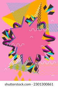 Borde de formas geométricas de explosión ocupado. Plantilla de geometría aleatoria vintage abstracta. Afiche de arte gráfico geométrico con colores vivos simples.