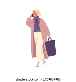 Busy fashion female talking smartphone carry handbag vector flat illustration. Woman in trendy outfit walking outdoor use mobile isolated on white. Girl in warm coat going on street at spring season