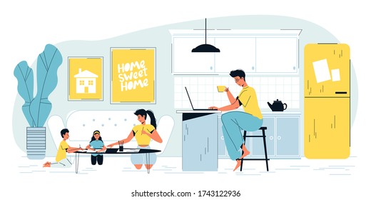 Busy father freelancer work online on laptop at home office. Mother educator teaching toddler children in living room. Remote working in comfortable kitchen. Happy family lifestyle. Freelance job