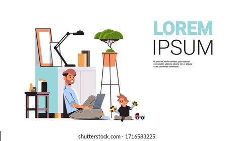 busy father freelancer working at home using laptop little son playing with toys freelance coronavirus quarantine concept full length horizontal copy space vector illustration