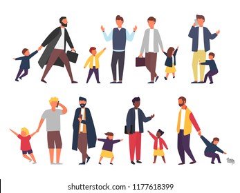 Busy father with naughty kids. Working parents with children. Vector illustration