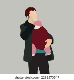 Busy father on the phone babywearing with baby