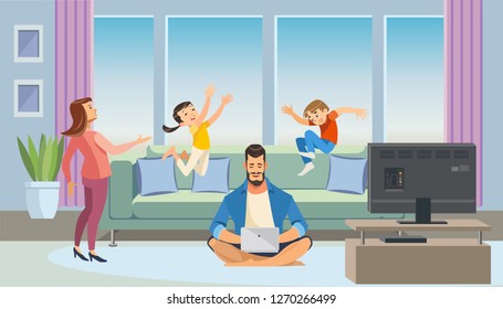 Busy Father Working At Home Cartoon Vector Concept With Dad Sitting On Floor In Living Room Interior, Using Laptop While Annoyed Mother Scolding Naughty Son And Daughter Jumping On Sofa Illustration