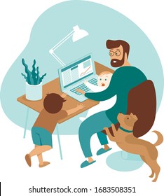 Busy father working from home with kids and dog. stay at home and social distancing to avoid virus pandemic spreading. Flat vector illustration