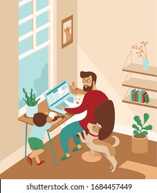 Busy father working from home with kids and dog. stay at home and social distancing to avoid virus pandemic spreading. Flat vector illustration