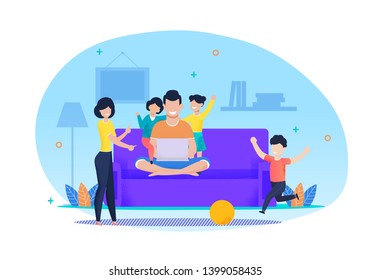 Busy Father Working on Laptop in Living Room at Home. Daughters Want to Play with Dad. Son Kicking Ball. Mother Come Down on Kids. Flat Cartoon Happy Family Vector. Parents and Children Illustration.