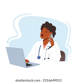 Multitarea De Personajes De Doctora Ocupada, Trabajando En Un Portátil Mientras Manejan Una Llamada Telefónica. Gestión Eficaz De Los Registros De Pacientes Y Comunicación Para La Atención Médica. Ilustración de vectores de personas de caricatura