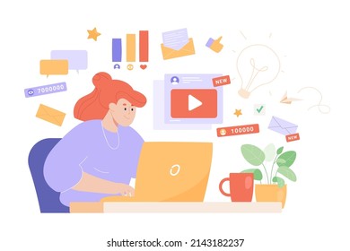 Busy female entrepreneur with effective strategy. Young cartoon woman at workplace, marketing analysis flat vector illustration. Success, SMM, technology, distance work or freelance concept for banner