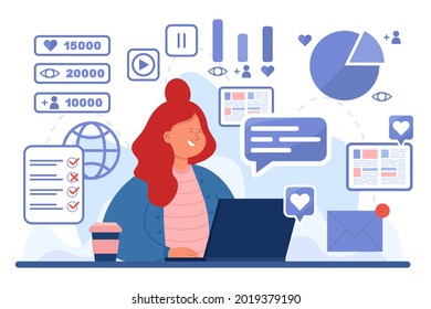 Busy female SMM expert at workplace. Young woman completing tasks, writing emails, data analysis technology, effective strategy flat vector illustration. Freelance, time management, success concept