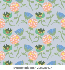 Busy floral art vector seamless pattern in pastel multicolor on grey