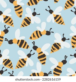 Busy flying bumblebees in blue background - seamless pattern illustration