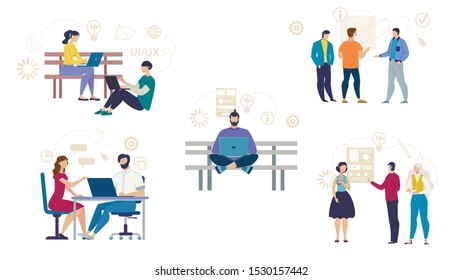 Busy Freelancers, Programmers, IT Specialists Cartoon Set. Men and Women Working on Laptop, Brainstorming, Sharing Ideas, Creation New Projects, Developing Interfaces. Vector Flat Illustration