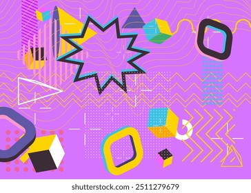 Busy geometric elements poster design. Multicolored geometrical graphic retro theme cover. Vintage abstract shapes template for poster banner.