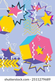 Busy geometric elements poster design. Multicolored geometrical graphic retro theme cover. Vintage abstract shapes template for poster banner.