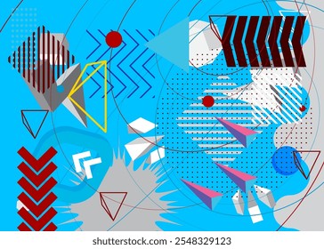 Busy geometric elements poster design. Multicolored geometrical graphic retro theme cover. Vintage abstract shapes template for poster banner.