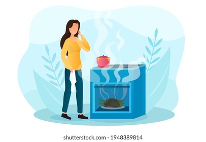 Busy girl left oven and pan on stove and burned dinner. Flat cartoon vector illustration concept design. Young mom cooking homemade meal and overfry chiken. Simple art isolated on white background.