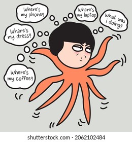Busy Grumpy Octopus Girl With Her Head Full Of Many Thoughts Concept Card Character illustration