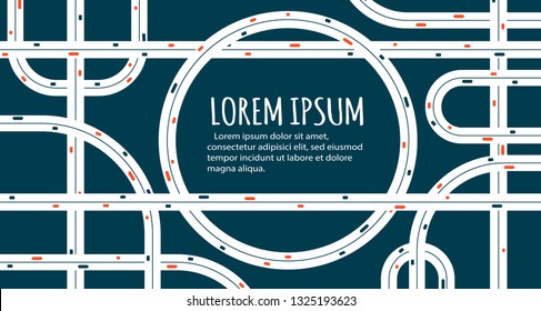 Busy Highway Road Junction. Urban Road Traffic With Cars Top View. Overhead View Of Transport Vector Illustration. Minimalistic Banner.