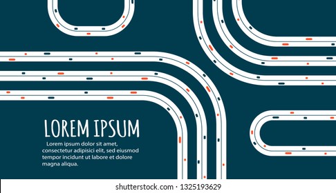 Busy Highway Road Junction. Urban Road Traffic With Cars Top View. Overhead View Of Transport Vector Illustration. Minimalistic Banner.