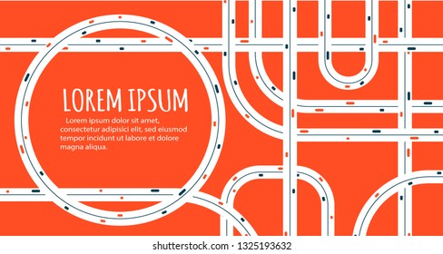 Busy highway road junction. Urban road traffic with cars top view. Overhead view of transport vector illustration. Minimalistic banner.