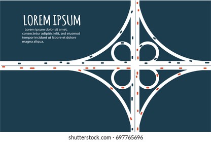 Busy Highway Road Junction. Urban Road Traffic With Cars Top View. Overhead View Of Transport Vector Illustration. Minimalistic Banner.