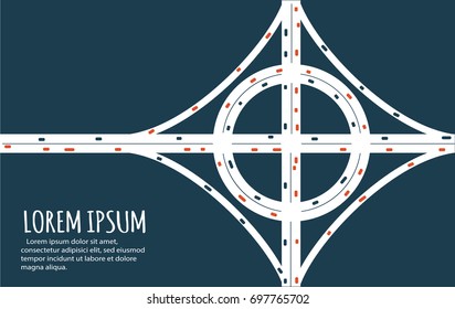 Busy Highway Road Junction. Urban Road Traffic With Cars Top View. Overhead View Of Transport Vector Illustration. Minimalistic Banner.