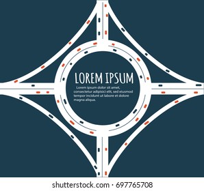 Busy Highway Road Junction. Urban Road Traffic With Cars Top View. Overhead View Of Transport Vector Illustration. Minimalistic Banner.