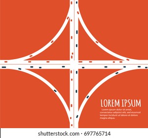 Busy Highway Road Junction. Urban Road Traffic With Cars Top View. Overhead View Of Transport Vector Illustration. Minimalistic Banner.