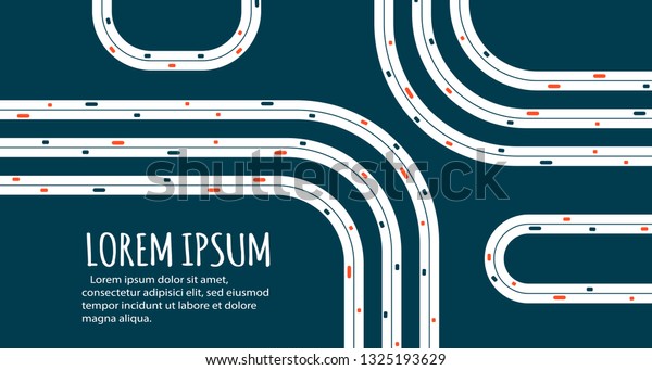 Busy highway road junction. Urban road traffic\
with cars top view. Overhead view of transport vector illustration.\
Minimalistic banner.