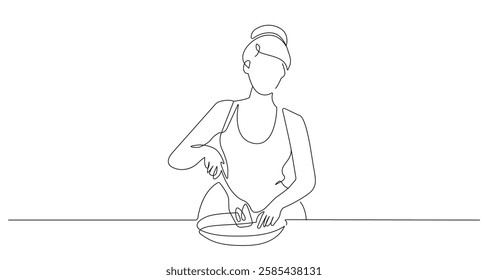 Busy Housewife Cooking Continuous One Line Drawing. Woman Cook Trendy Minimalist Vector Illustration. Housewife One Line Abstract Drawing Minimalist Contour Drawing for Modern Design. Not AI