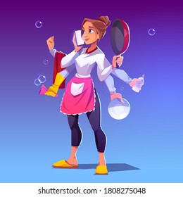 Busy housewife with many hands. Concept of domestic work and multitask. Vector cartoon woman with cooking pan, baby bottle and smartphone in arms. Multitasking housekeeping