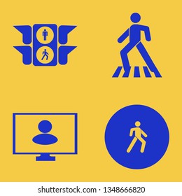 busy icon set with pedestrian, traffic signs and person monitor vector illustration
