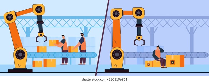 Arbeitslose und beschäftigungslose Fabrikarbeiter, Vektorgrafik. Cartoon Zeichnung glücklicher und trauriger Industriearbeiter, Reduzierung der Speicherchip-Produktion. Konkurs oder Krise, Unternehmensausfallkonzept