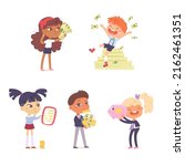 Busy kids entrepreneurs work with money set vector illustration. Cartoon cute boys and girls counting coins, holding moneybox with currency, bankers sitting on top of dollars pile isolated on white