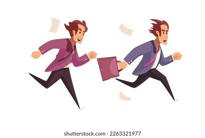Busy later business people composition with cartoon style characters of workers in rush vector illustration