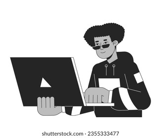 Busy latinamerican employee flat line black white vector character. Editable outline half body freelancer holding laptop. Simple cartoon isolated spot illustration for web graphic design