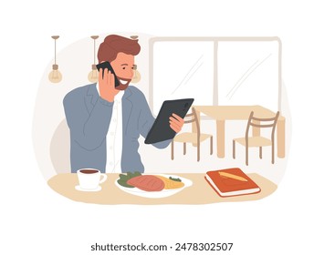 Busy lunch time isolated cartoon vector illustrations. Busy man working at business lunch, talking on the phone in a cafe, people lifestyle, eating out in restaurant alone vector cartoon.