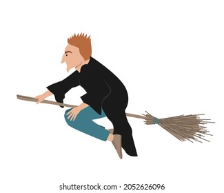 A busy magician man flying on his broom stick in a black mantle, jeans, and sneakers. Halloween holiday poster concept. Flat style cartoon vector illustration.