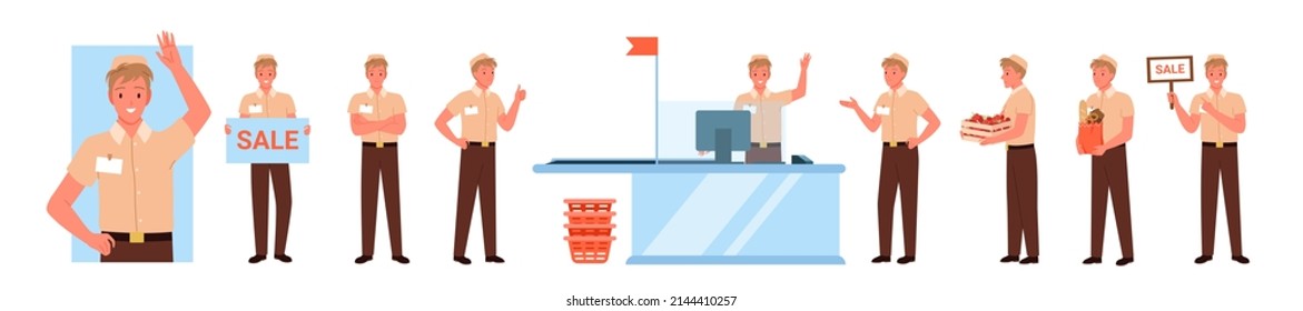 Busy Male Supermarket Worker At Work Set Vector Illustration. Cartoon Man Standing At Checkout Cash Register, Salesman Of Retail Shop Or Employee Of Grocery Store Working On Sales Isolated On White