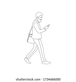 Busy male worker walking and looking at smartphone line art. Man staring and holding phone. College student. Corporate guy outline. Businessman concept. Social media business vector illustration.