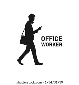 Busy Male Worker Walking And Looking At Smartphone Silhouette. Man Staring And Holding Phone. College Student. Corporate Guy Logo. Businessman Concept. Social Media Business Vector Illustration.