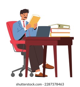 Busy Man Character Seated At An Office Desk Surrounded By Papers, Using A Computer. The Image Captures The Daily Routine Of Working In An Office Setting. Cartoon People Vector Illustration