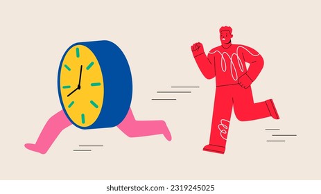 Busy man and clocks running. Concept of deadline and time pressure. Colorful vector illustration