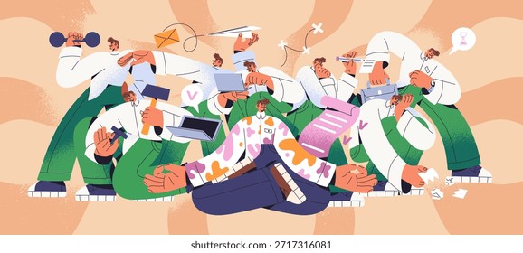 Busy man does multiple businesses. Employee works, does many tasks. Workaholic, effective office worker meditates, controls his time management. Concept of multitasking. Flat vector illustration