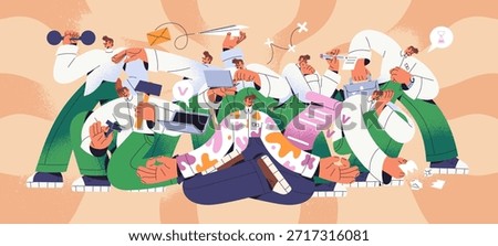 Busy man does multiple businesses. Employee works, does many tasks. Workaholic, effective office worker meditates, controls his time management. Concept of multitasking. Flat vector illustration