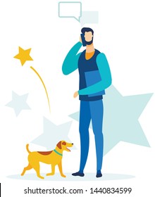 Busy Man Having Business Call during Walking Dog Flat Cartoon. Successful Manager or Businessman Talking on Cellphone. Office People Character. Vector Illustration with Stars on Backdrop