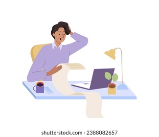 Busy Man holding a long paper feels headache. Stressed person with many tasks, long to-do list and worries about paying a lot of bills. Flat vector illustration isolated on white background