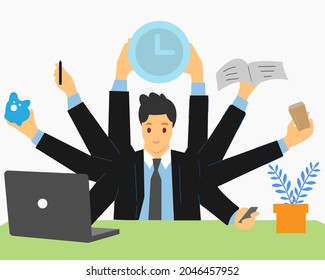 Busy man with many arms doing many tasks at the same time. Vector flat illustration concept freelancer character work from home office. Time management. Data Analysis. Businesswoman. Multitasking.