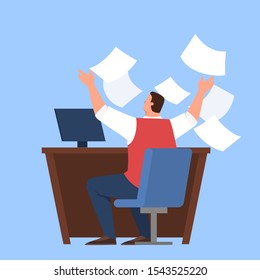 Busy man on his workplace, stressed and tired professional worker. Businessman throw away document. Idea of deadline and overworking, anxiety and fear.